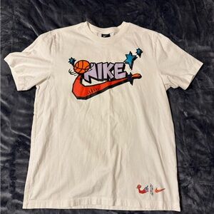 Nike White Tee with Red Swoosh and Multicolor Graphic